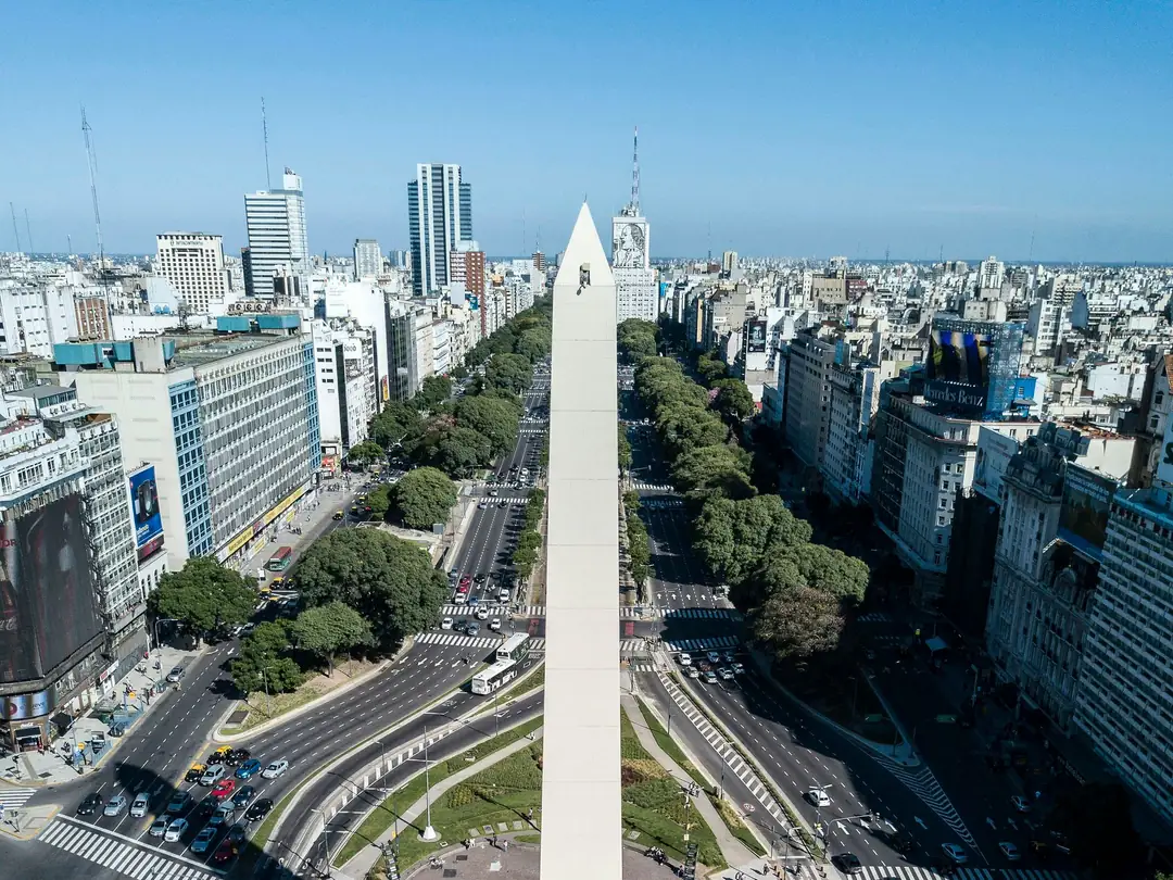The Obelisco above Avenida 9 de Julio in Buenos Aires, seen from above