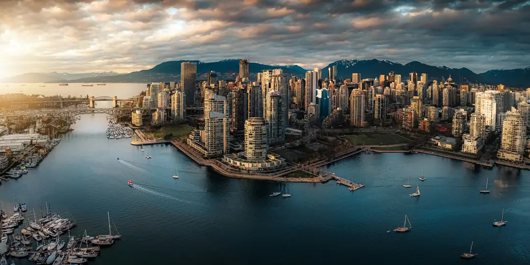 The Vancouver skyline and the False Creek waterfront at golden hour