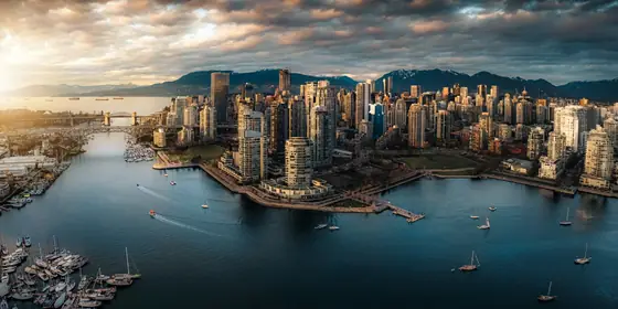 The Vancouver skyline and the False Creek waterfront at golden hour