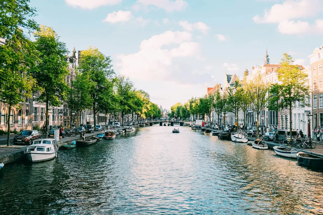 Boats moored along a tree-lined canal in Amsterdam, Netherlands