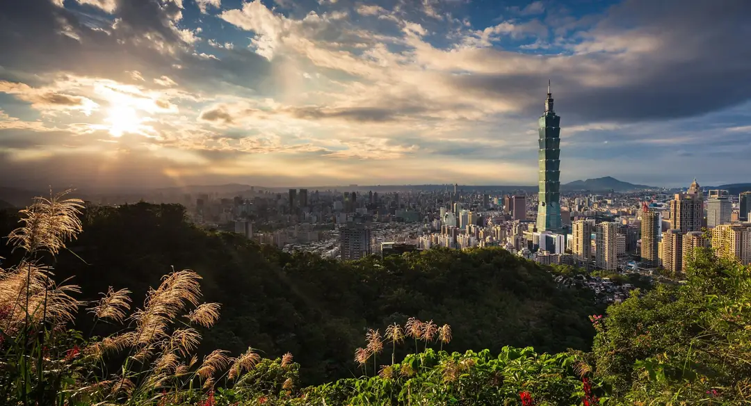 Taipei 101 rising above the city skyline at low sun, seen from a hillside