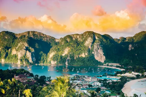 Sunrise over the bay and limestone cliffs of the Phi Phi Islands, Thailand